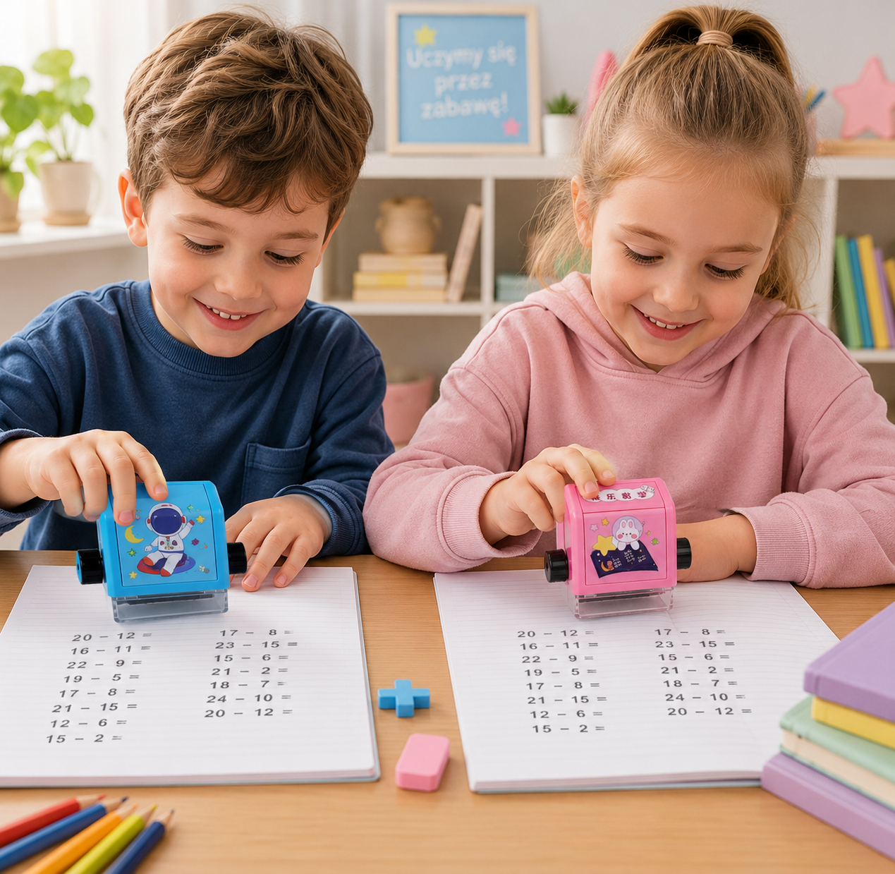 Dzieci stemplują działania matematyczne zestawem Liczbolandia